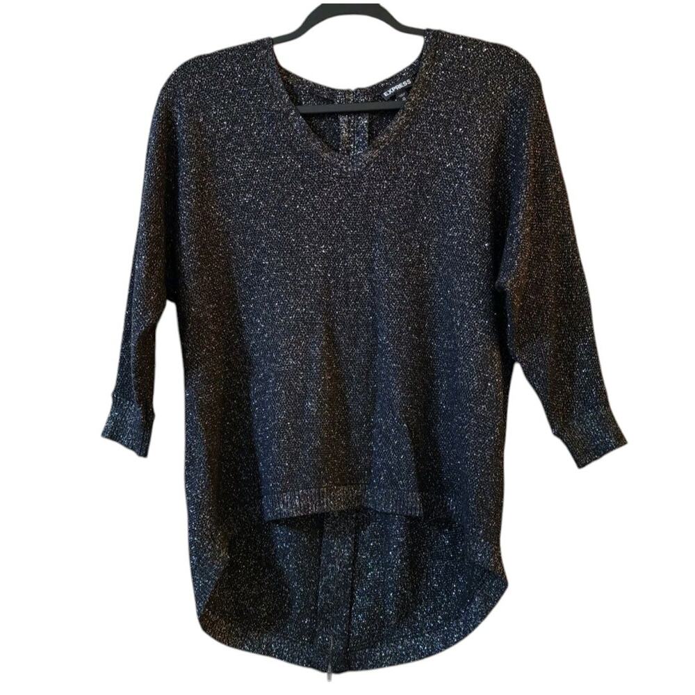 Express Womens Dolman Sweater Size XS Black Metallic 3/4 Sleeeve Zip Back Hi-Low